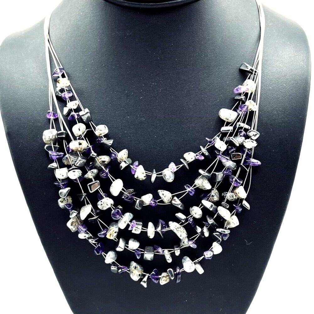 Multi-Strand Wire Floating Amethyst Quartz Hematite Gemstone Nugget Necklace 925